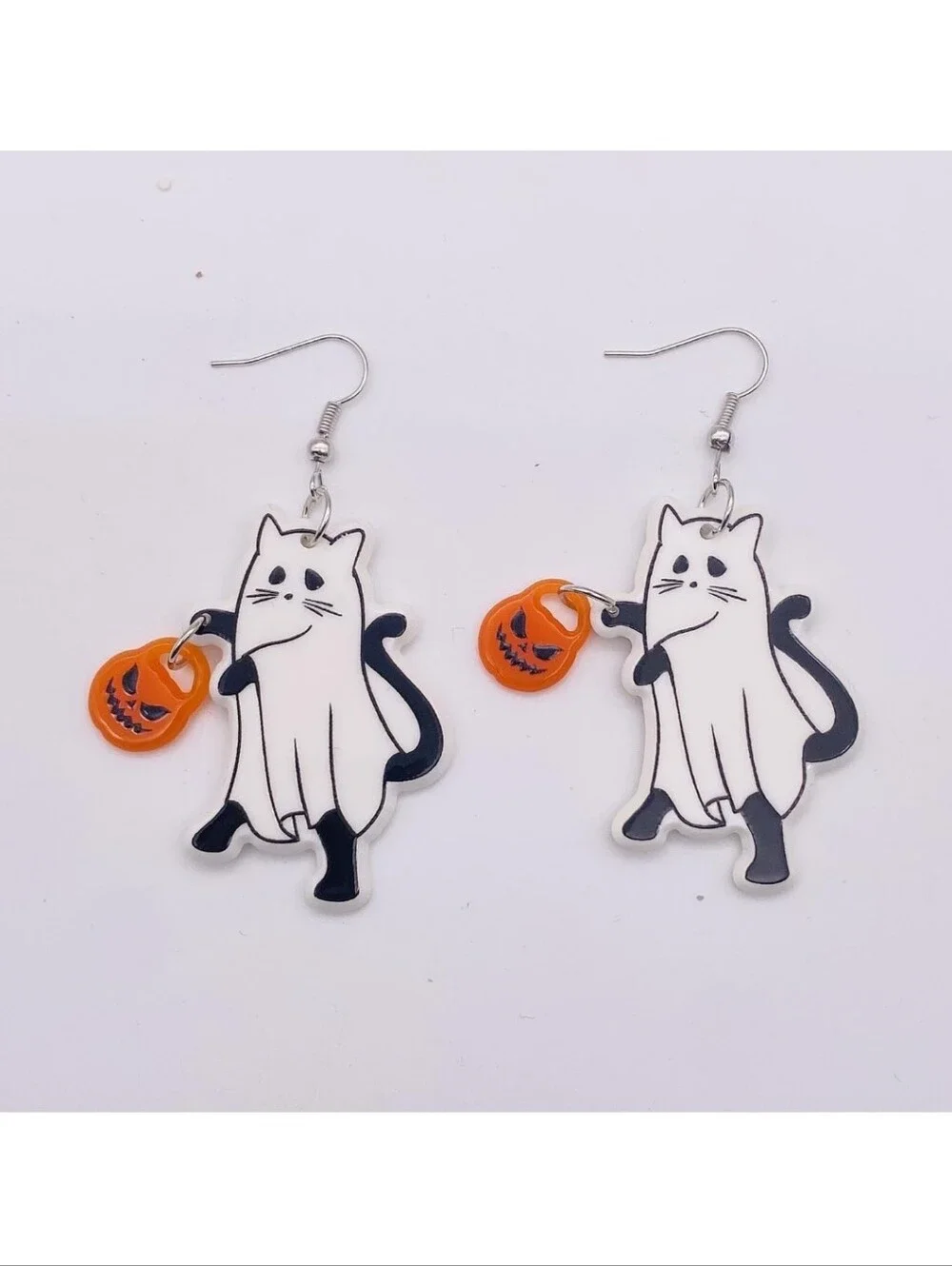 Halloween Cat Dangle Earrings with Orange Pumpkin Charms - Unbranded